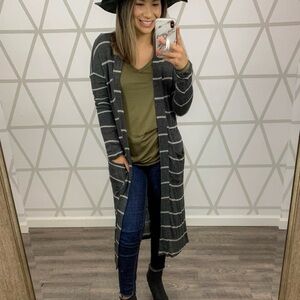 Cherish Long Gray and White Striped Cardigan Sweater